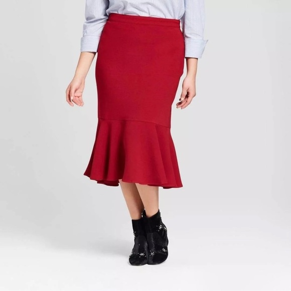 NWT Who What Wear Women's Red Fluted Midi Skirt size 2 - Picture 1 of 8